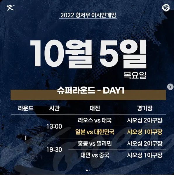 항저우 아시안게임 야구 본선 일정 중계 대진표 (슈퍼라운드 한국대 일본&#44; 한국대 중국)