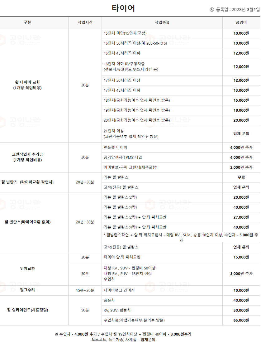 공임나라 타이어 교체비용