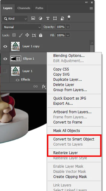 어도비 포토샵에서 레이어 레스터화 하는 모습