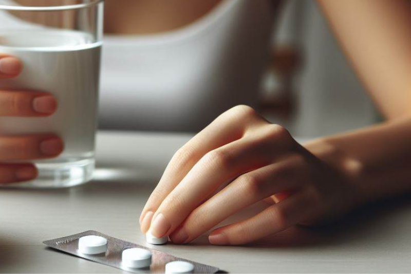 여행 중 통증으로 타이레놀 먹는 여성