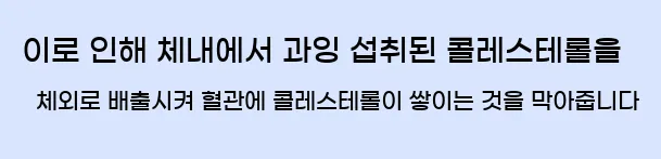  이로 인해 체내에서 과잉 섭취된 콜레스테롤을 체외로 배출시켜 혈관에 콜레스테롤이 쌓이는 것을 막아줍니다