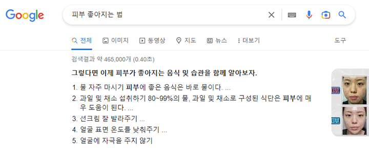 구글 검색창에 피부 좋아지는 법이라고 검색을 하면 결과 최상단에 요약된 정보가 뜬다.