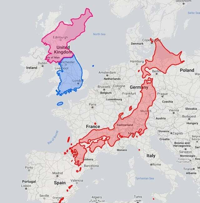 통일한국 vs 일본, 사이즈 비교