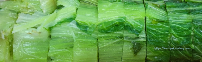 삶은 배추 우거지는
찬물에 헹궈 꼭 짠 후
배추( 겉표면에 얇은 비닐막 제거하고)
먹기 좋은 크기로 자릅니다.
