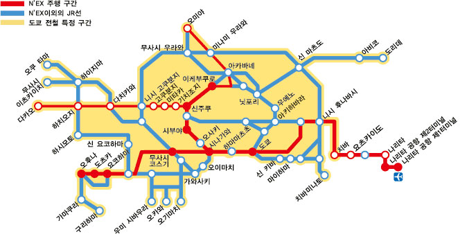 JR동일본에서-운행하는-나리타공항과-도쿄시내간의-특급열차인-나리타익스프레스의-노선과-하차-가능한-범위를-표시한-지도