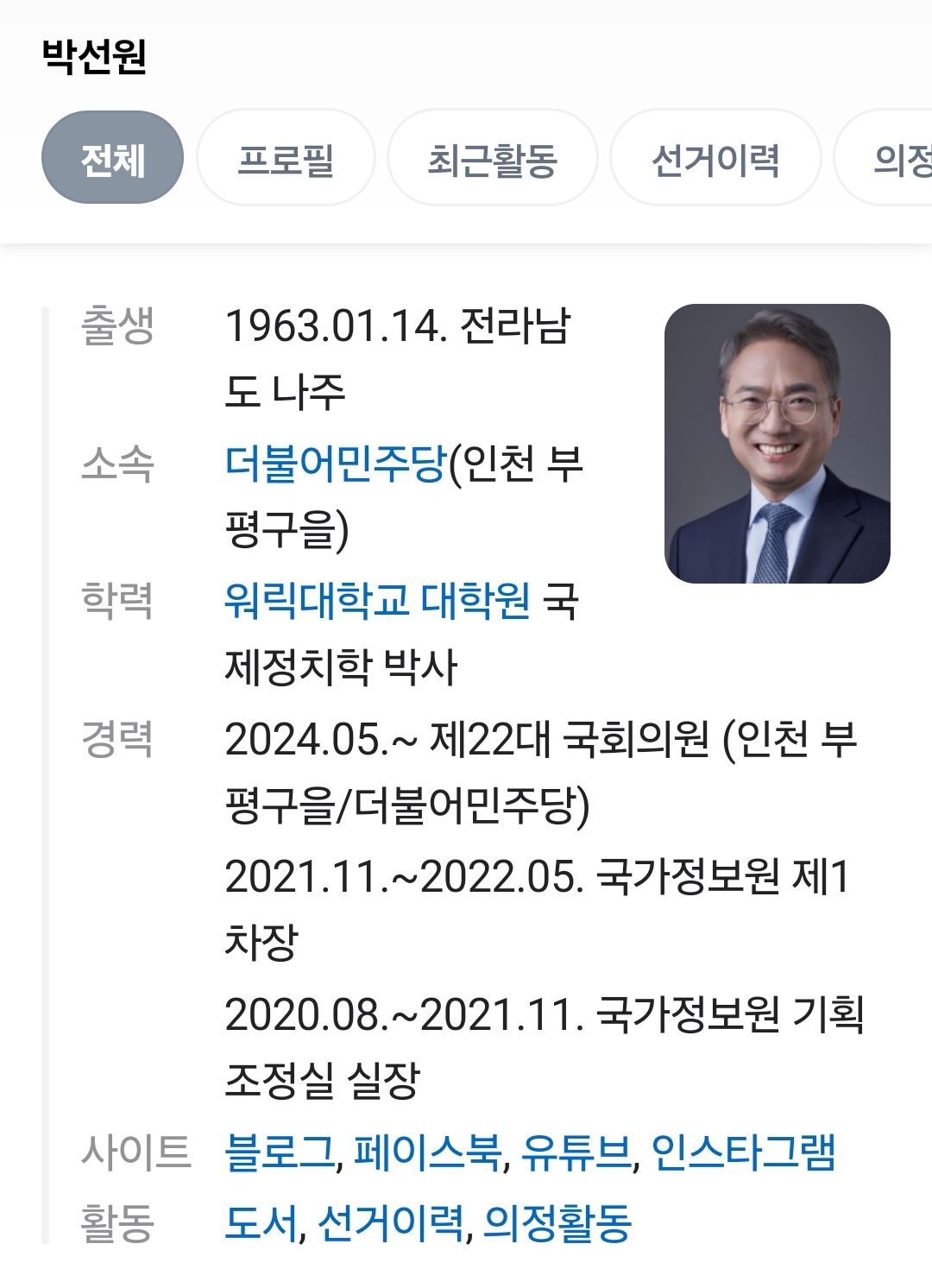 박선원
전체
프로필
최근활동
선거이력
의정
출생
1963.01.14. 전라남
도 나주
소속
더불어민주당(인천 부 평구을)
학력
워릭대학교 대학원 국
경력
제정치학 박사
2024.05.~ 제22대 국회의원 (인천 부
평구을/더불어민주당) 2021.11.~2022.05. 국가정보원 제1
차장
2020.08.~2021.11. 국가정보원 기획
조정실 실장
사이트
블로그, 페이스북, 유튜브, 인스타그램
활동
도서, 선거이력, 의정활동