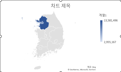 서울, 인천, 경기도만 표시되나 지도는 남한 전체임
