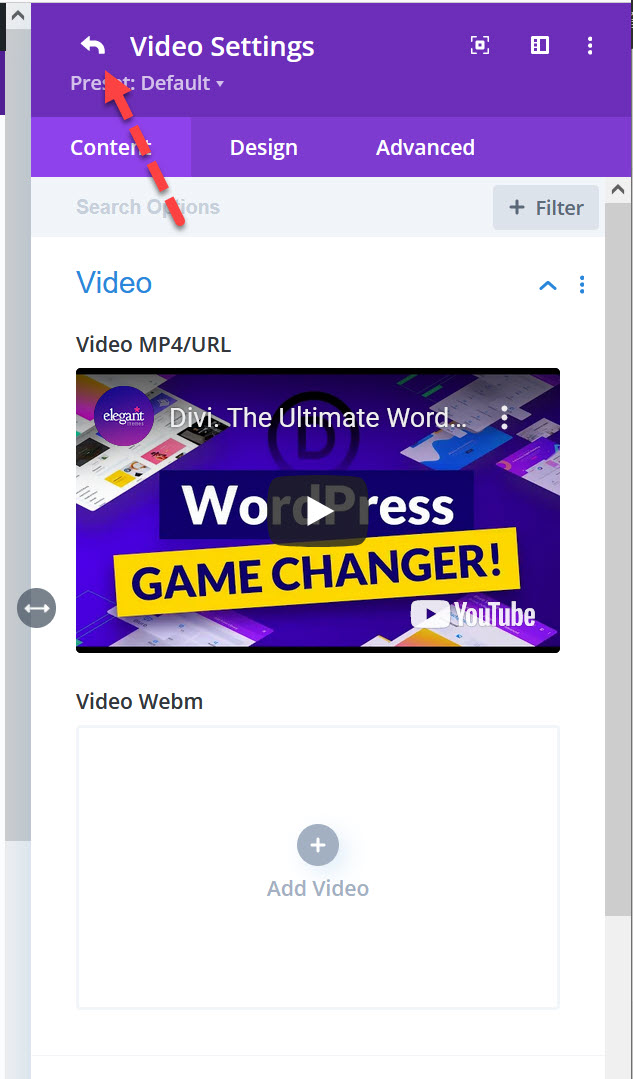 워드프레스 Divi 테마의 동영상 슬라이더 - 동영상 설정으로 돌아가기