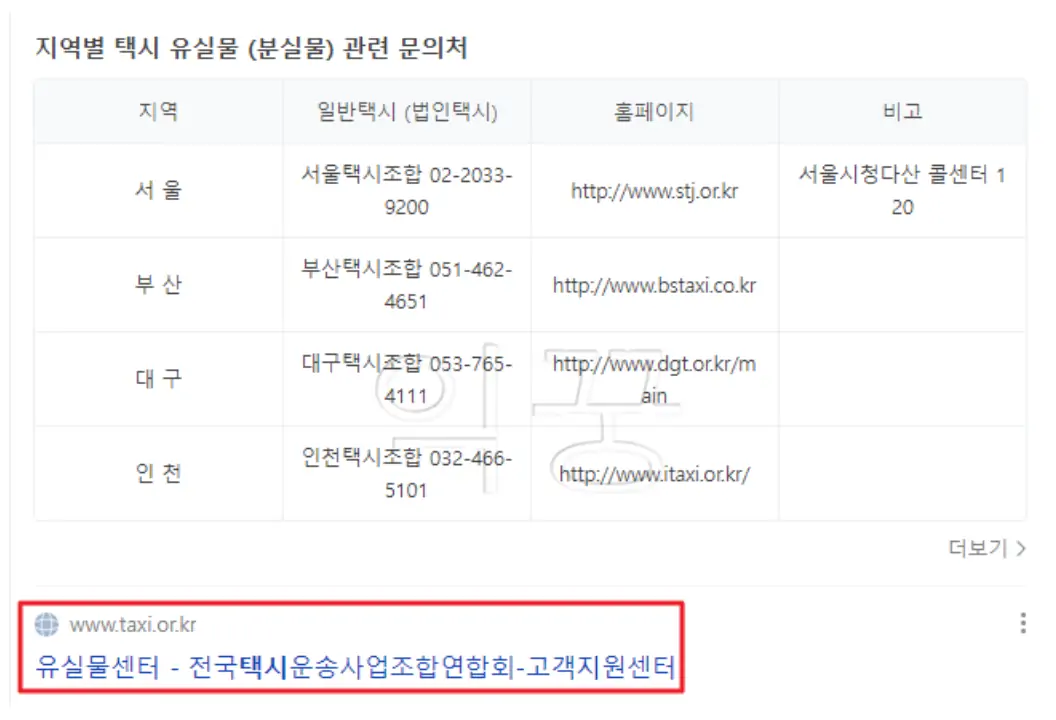 검색포털에 택시 분실물 찾는 방법 키워드 검색 후 나오는 사진