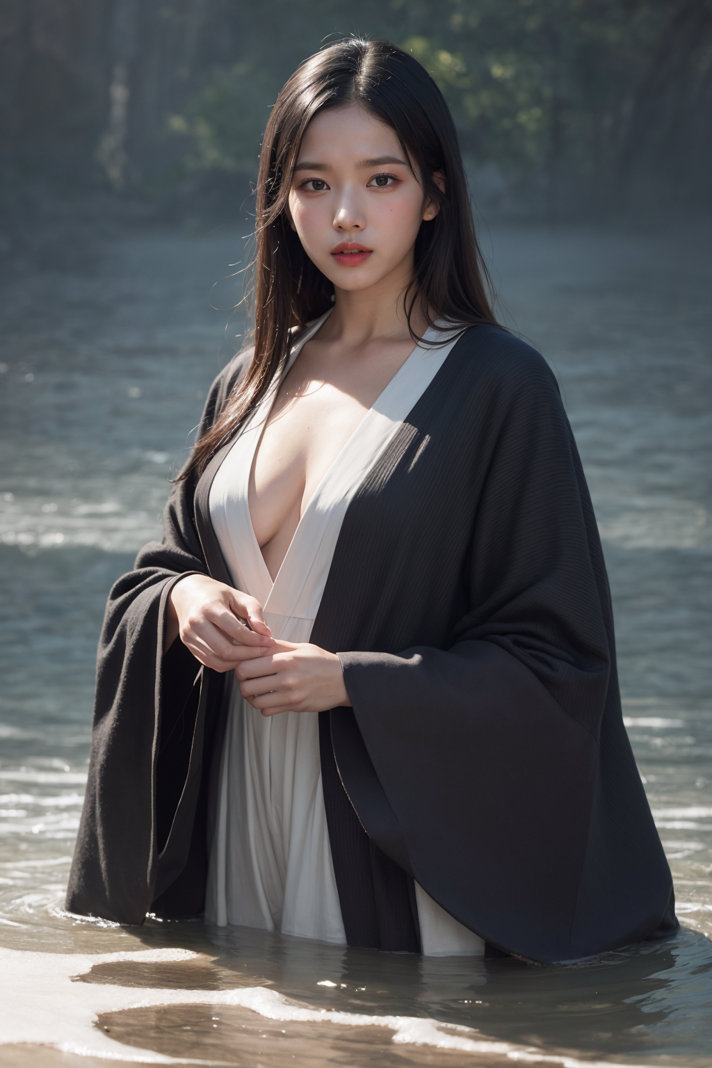  AI로 그린 무협느낌의 강가에 들어간 기모노 입은 여자 그리기 - 2