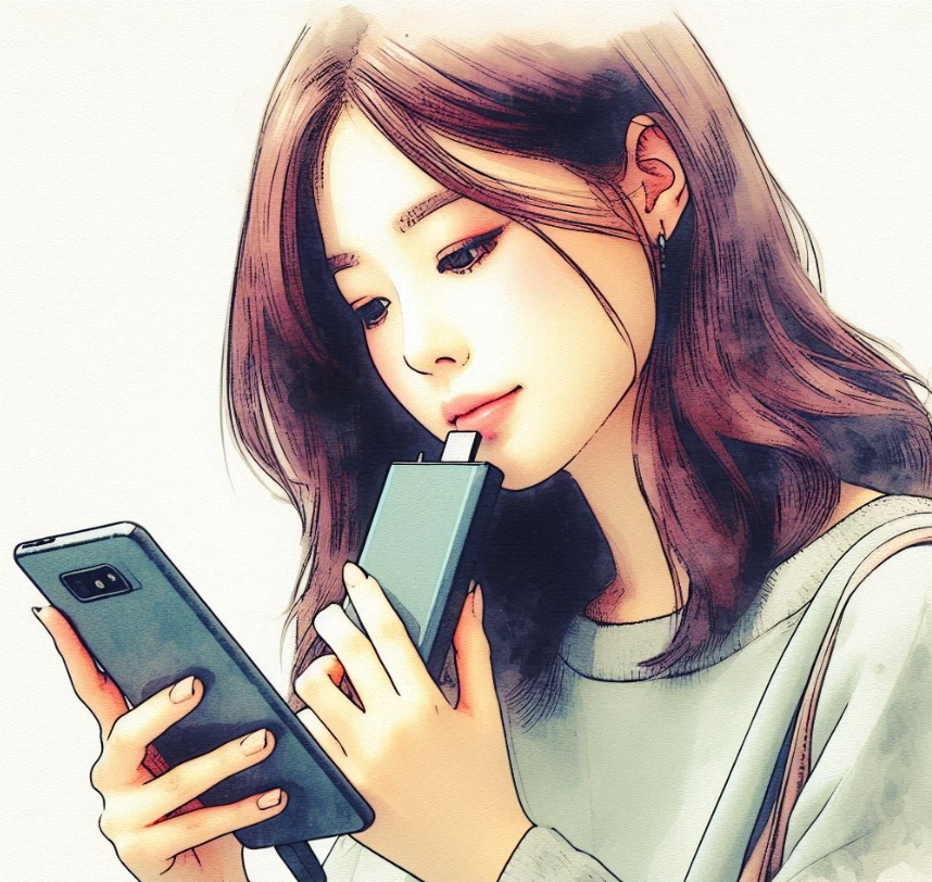 보조배터리를 손에 들고 있는 여자