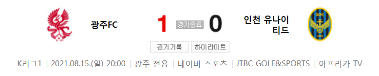  국내축구 - 광주 VS 인천 2021 K리그 25라운드 하이라이트 (2021년 8월 15일)