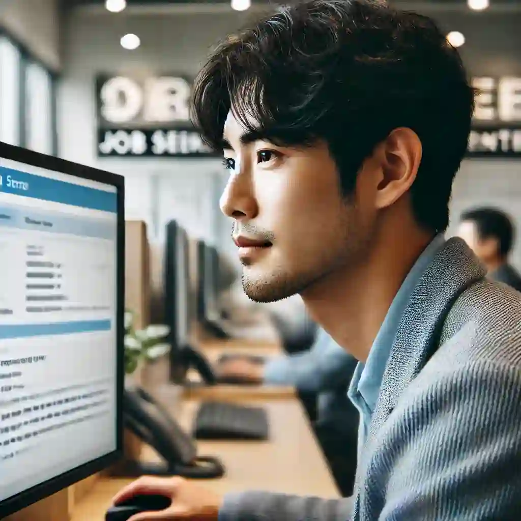 컴퓨터로 구직활동 중인 남성