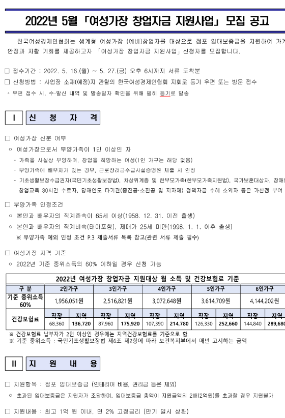  2022년 5월 여성가장 창업자금 지원사업 모집 공고