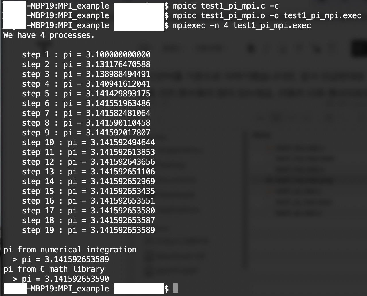 compilation and execution of a program to evaluate the mathematical constant pi with MPI