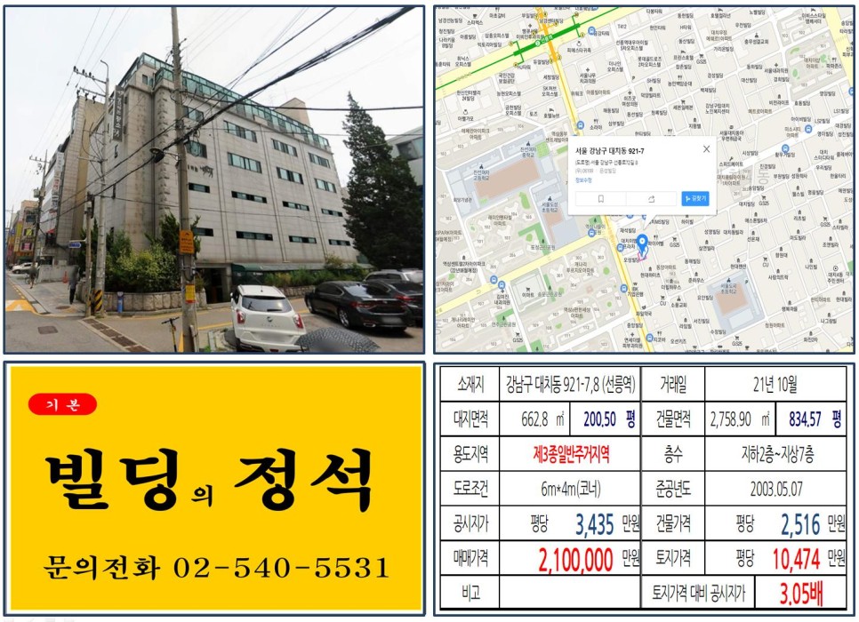 [강남구 대치동 학원가 200억 빌딩 실거래가 조회] 대치동 921-7,8 (선릉역) 210억 원, 평당 1억 474만 원 매매되었습니다.