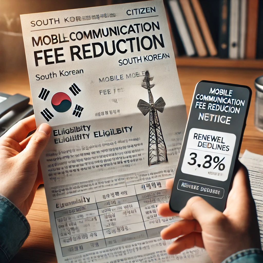 이동통신비 감면 갱신 알림을 확인하는 손, 서류와 스마트폰 포함