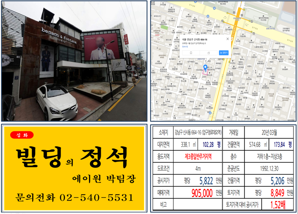  [강남구 압구정로데오 메인도로 꼬마빌딩 실거래가 조회] 신사동 664-16 (압구정로데오역) 90.5억 원, 평당 8,849만 원, 압구정 한양