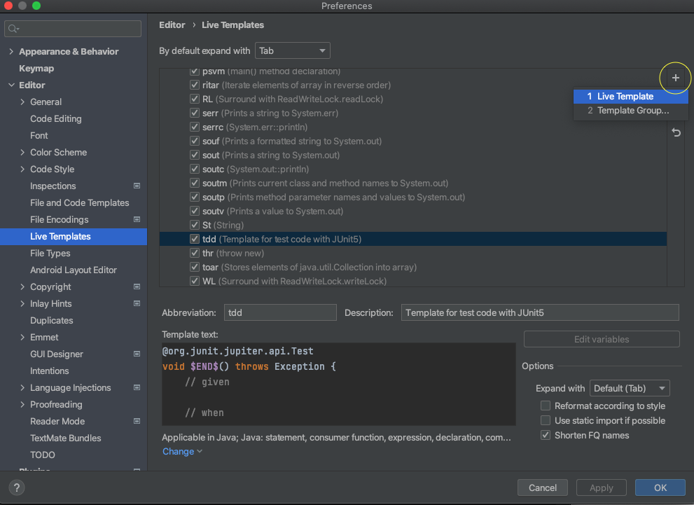  [IntelliJ] Live Templates만들기 (sout, main 이런거)