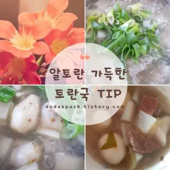 알토란 가득한 토란국 팁 문구와 파가 얹어있는 알토란 국