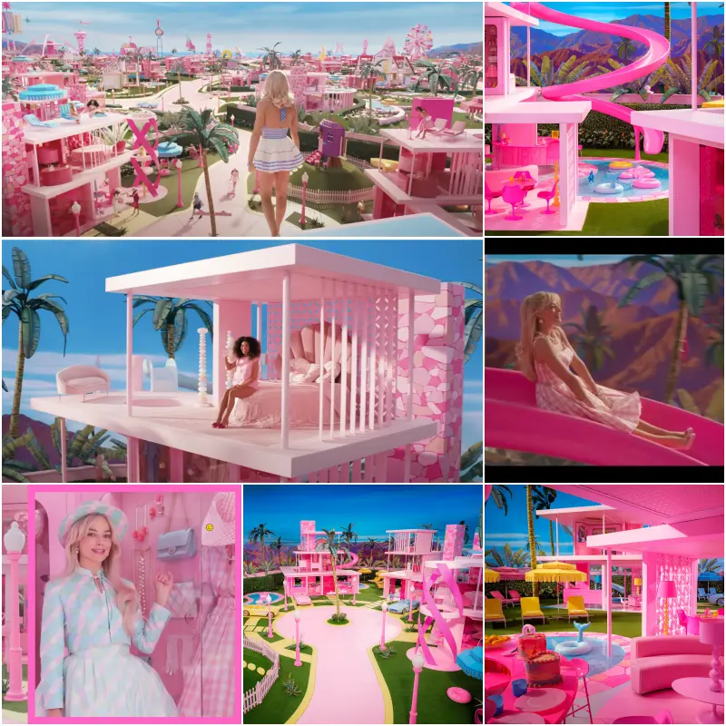 바비 영화에서 바비들이 살고 있는 핑크색 바비랜드 집들과 의상들 이 있는 바비 영화 세트장