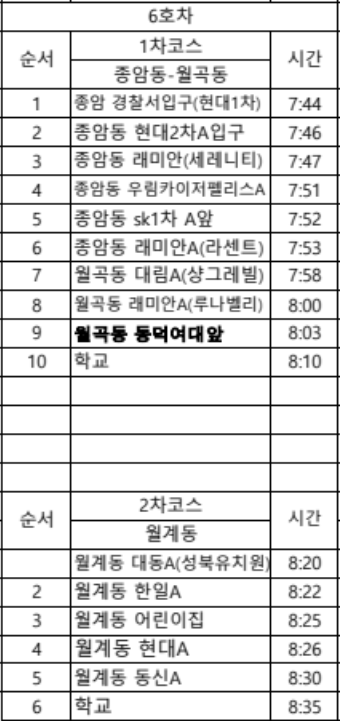 광운초 6호차 셔틀 등교노선 시간표