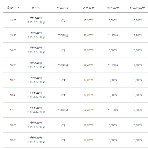 인천공항에서 천안가는 버스시간표