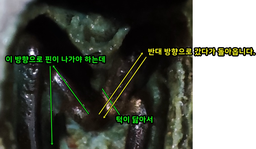 일방통행처럼 방향성이 있도록 홈을 설계했는데&#44; 하트 모양 중간에 걸렸을 때&#44; 반대로 못 올라오도록 턱을 만들어 놓은 부분이 닳아서&#44; 역방향으로 핀이 움직이니깐 잠굼 걸쇠가 풀리지 않고 다시 하트 중간에 걸쳐지는 문제가 생긴 거 같습니다.