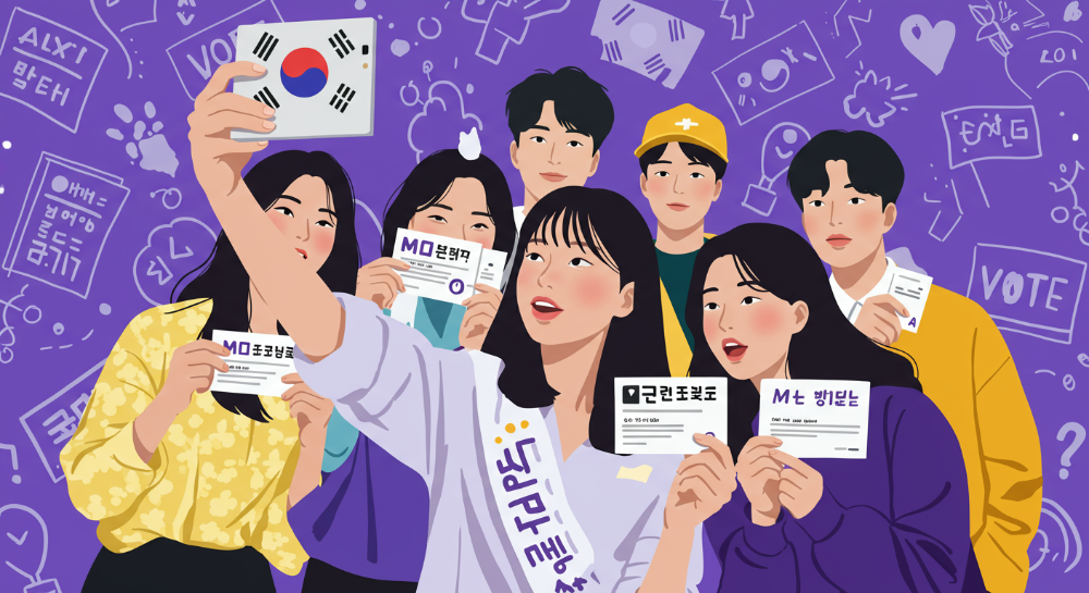 2025년 트렌드를 담은 MZ세대의 투표 인증샷. 손수 꾸민 듯한 아날로그 감성 투표 용지와 AI 기술이 결합된 디자인. 퍼플-옐로우 톤의 맥시멀리즘 스타일로 활기찬 정치 참여를 보여줌.