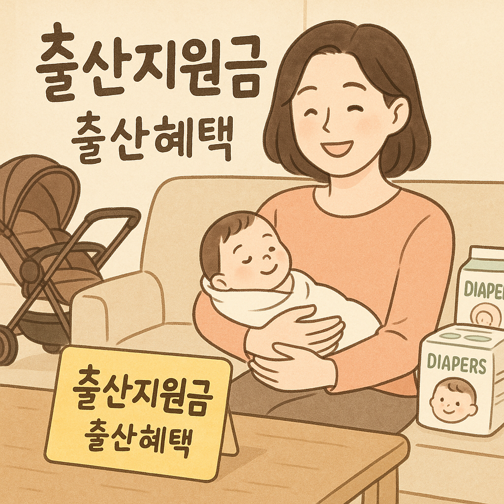 출산 후 신생아를 안고 출산지원금을 활용하는 한국 엄마의 모습