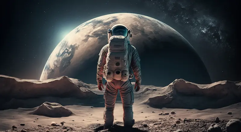 우주복을 입고 달 위에 서있는 사람