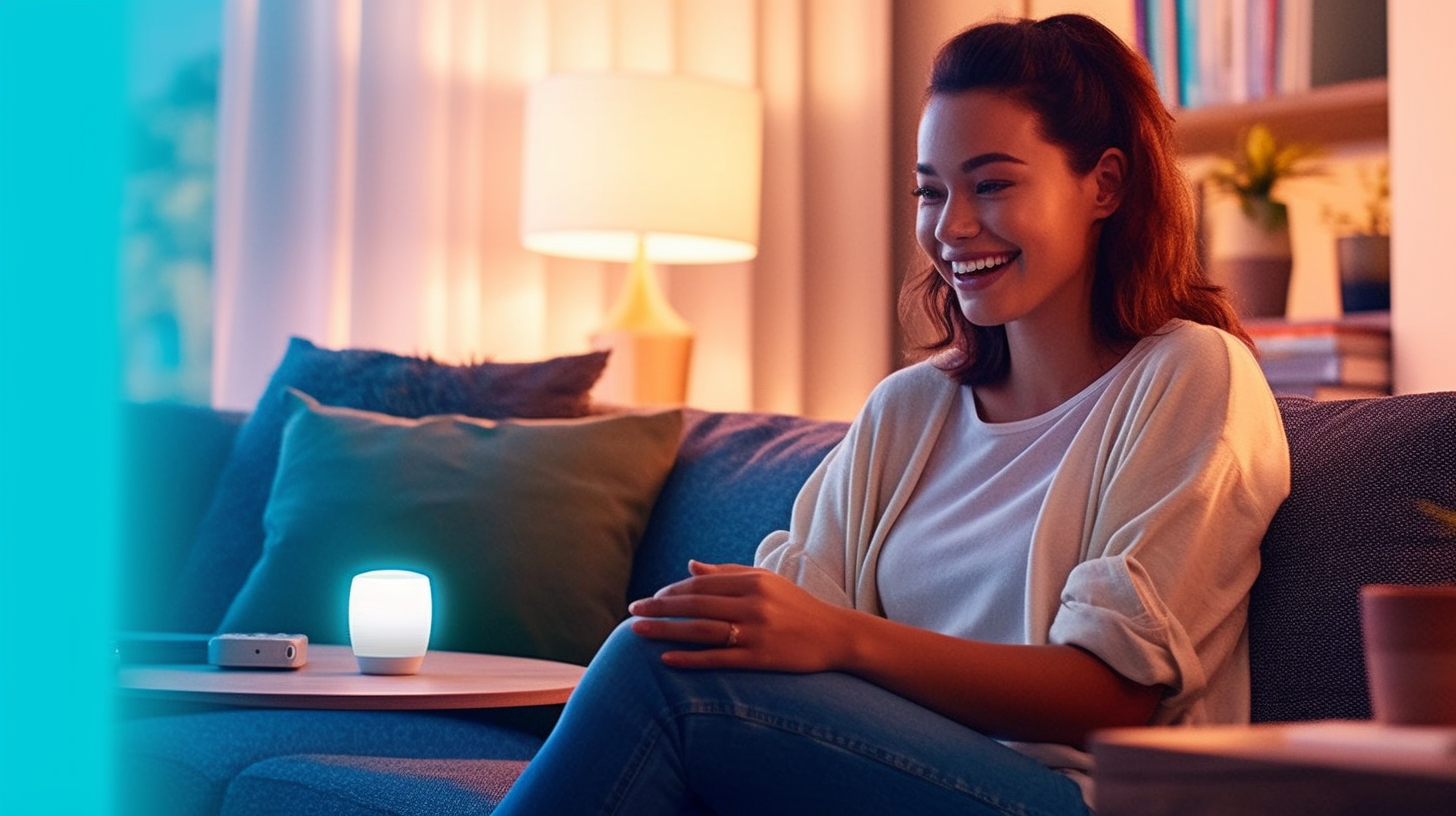 A woman using smart home devices to talk to a friend&#44; control the lights&#44; and monitor the door.