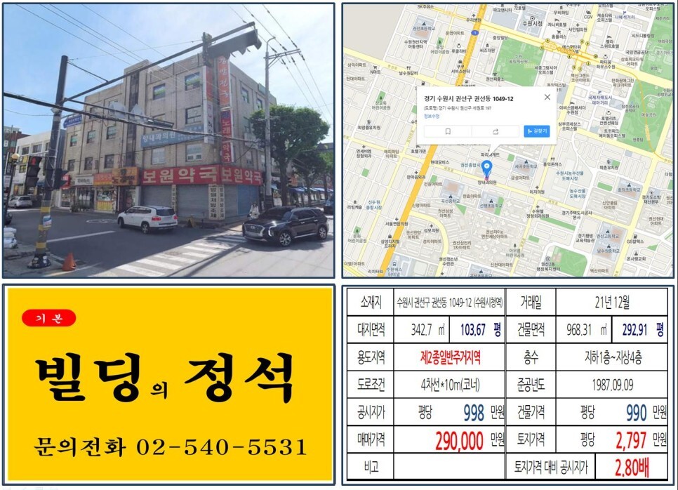  [수원시 권선구 권선시장 20억 꼬마빌딩 실거래가 조회] 권선동 1049-12 (수원시청역) 29억 원, 평당 2,797만 원 매매되었습니다.