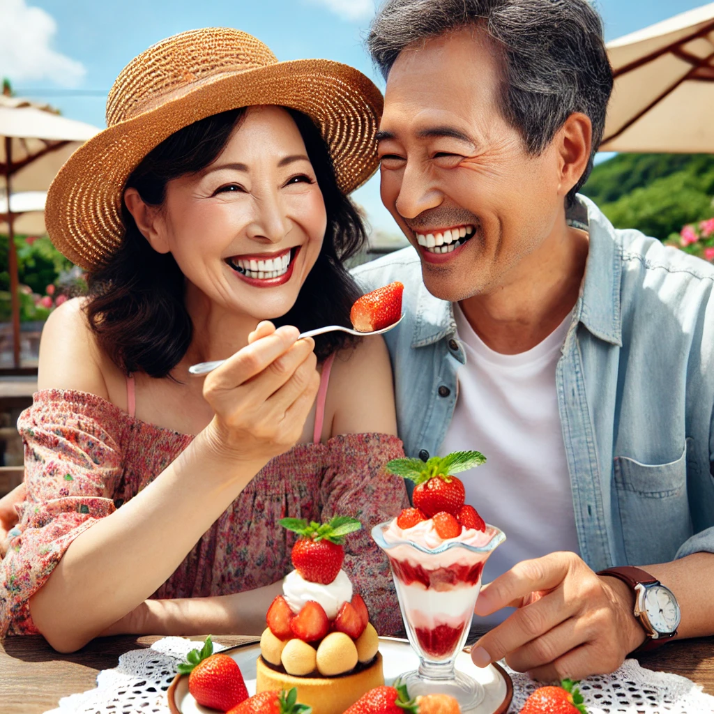딸기 축제에서 50대부부가 딸기디저트를 먹는모습. 