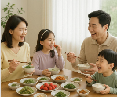 봄 제철 밥상을 행복하게 즐기고 있는 가족의 식사장면