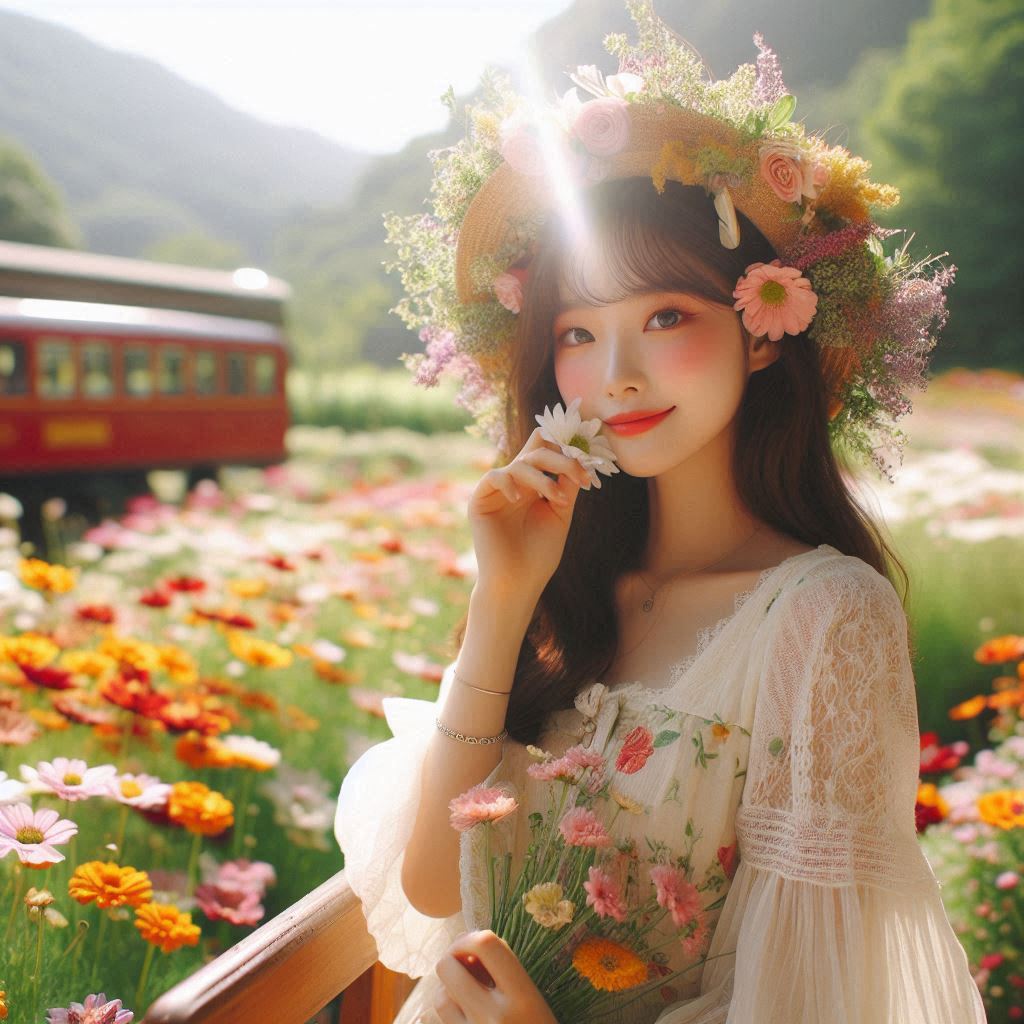 &quot;밝은 햇살 아래의 꽃밭, 함께한 순간을 회상하는 사람&quot;