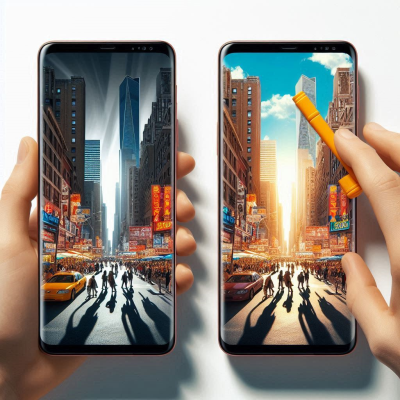 도시 풍경과 고층 빌딩을 촬영하는 스마트폰 화면