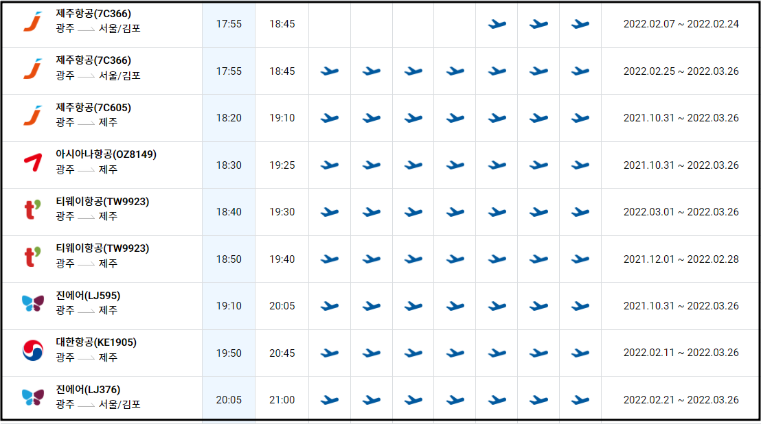 광주공항-운항시간표