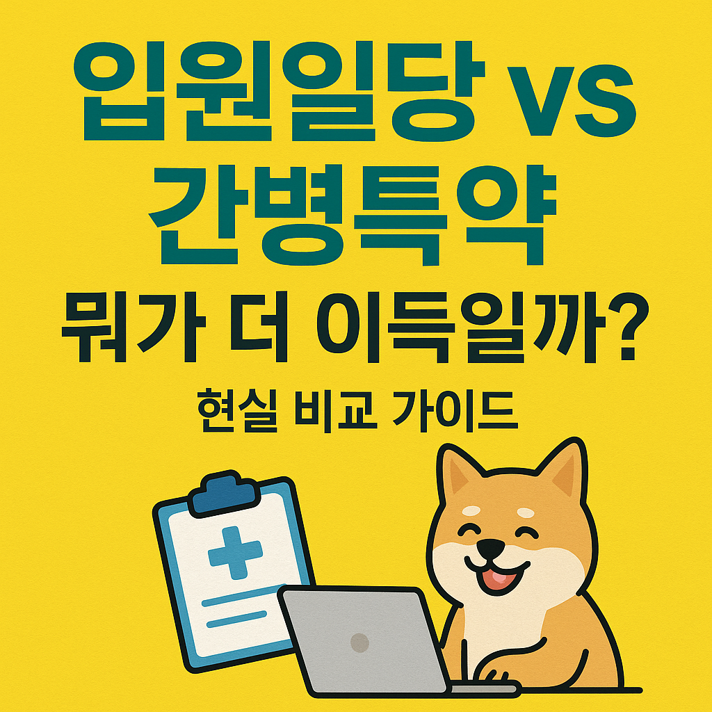 입원일당과 간병특약 비교를 주제로 한 썸네일 이미지. 노란 배경에 짙은 청록색 한글 텍스트로 '입원일당 vs 간병특약', '뭐가 더 이득일까?'라는 문구가 크게 적혀 있고, 하단에는 '현실 비교 가이드'라는 부제목이 있으며, 오른쪽에는 노트북 앞에 앉아 웃고 있는 시바견과 파란색 의료 클립보드가 함께 배치되어 있음.