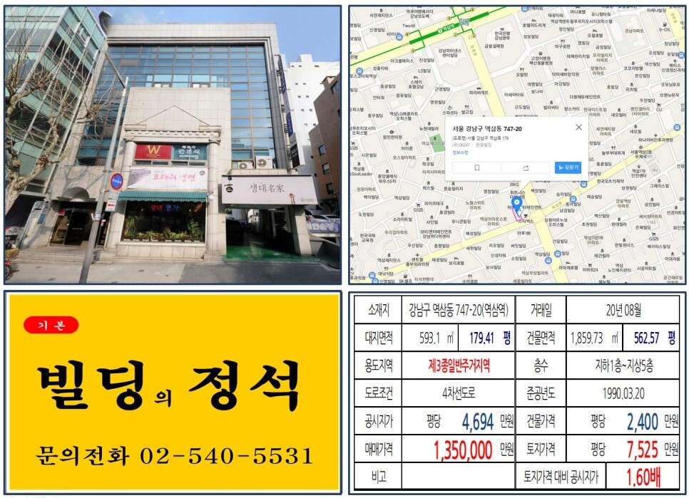 강남구 역삼동 747-20번지 건물이 2020년 08월 매매 되었습니다.