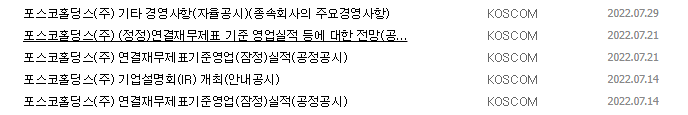 POSCO홀딩스 공시 목록