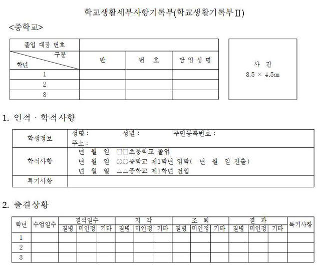 학교 생활기록부 예시 (중학교)