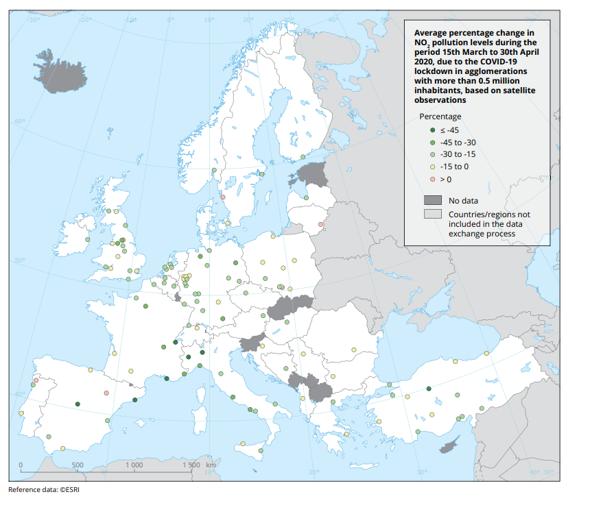 그림7. 유럽 도시들의 봉쇄령으로 인한 NO2 변화