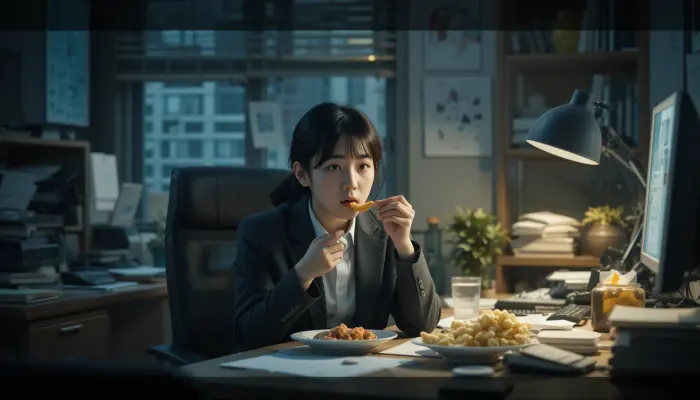스트레스로 야식을 먹는 한국인 직장인