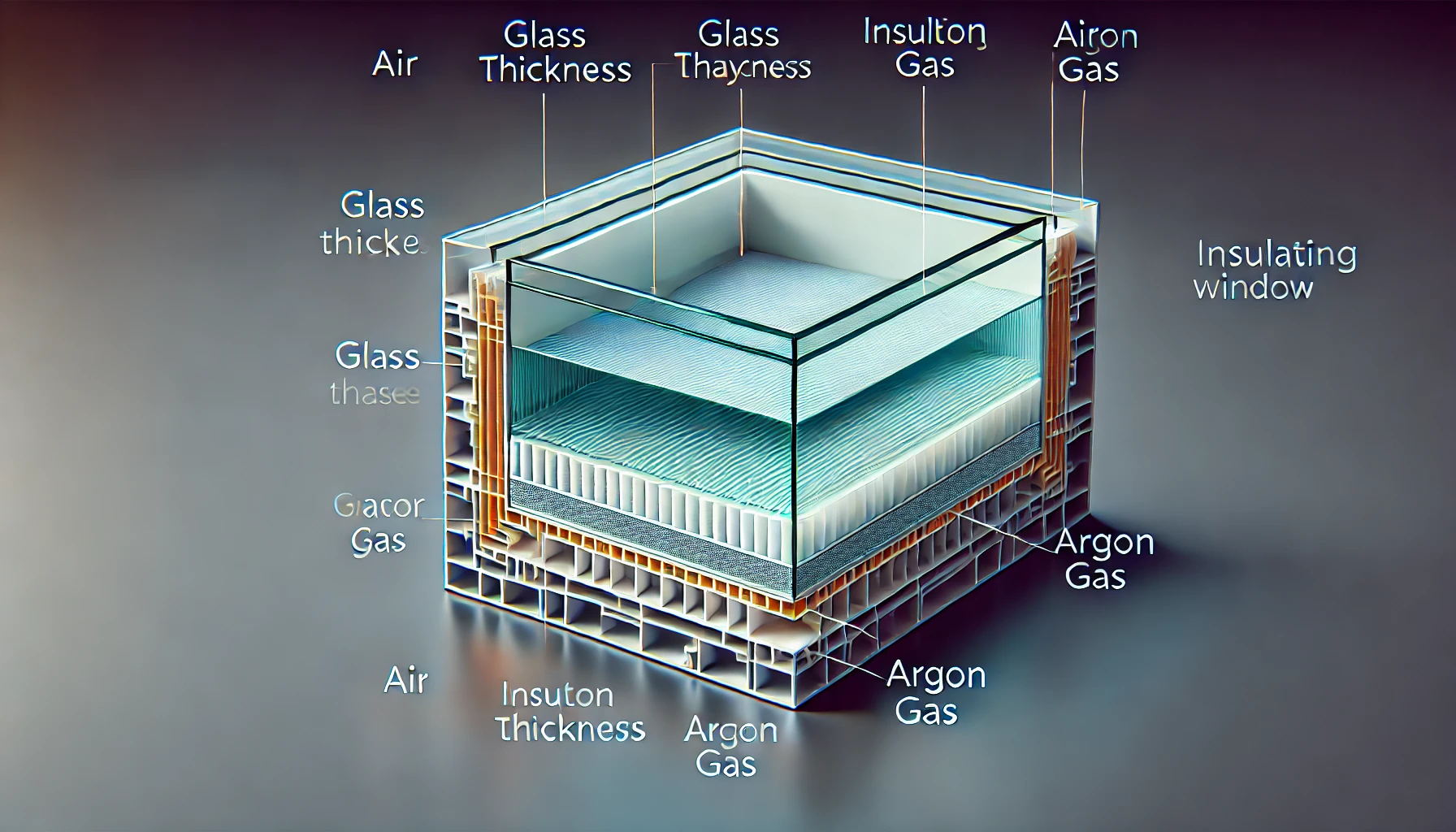 복층유리의 단면, 유리 간격과 공기층/아르곤 가스를 표시하여 절연성과 구조 강조.