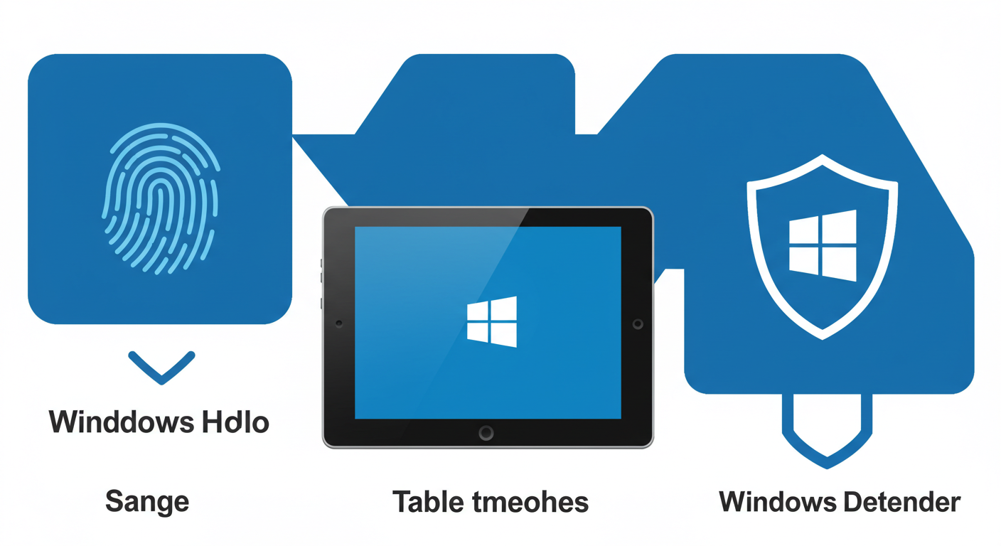 (Image Prompt: Collage of icons representing other Windows 10 features: A fingerprint icon (Windows Hello), a tablet icon (Tablet Mode), and a shield icon (Windows Defender). Style: Clean, simple icon set.)