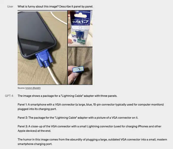 그림 2. 충전 커넥터에 대한 GPT-4 응답(출처: Reddit)