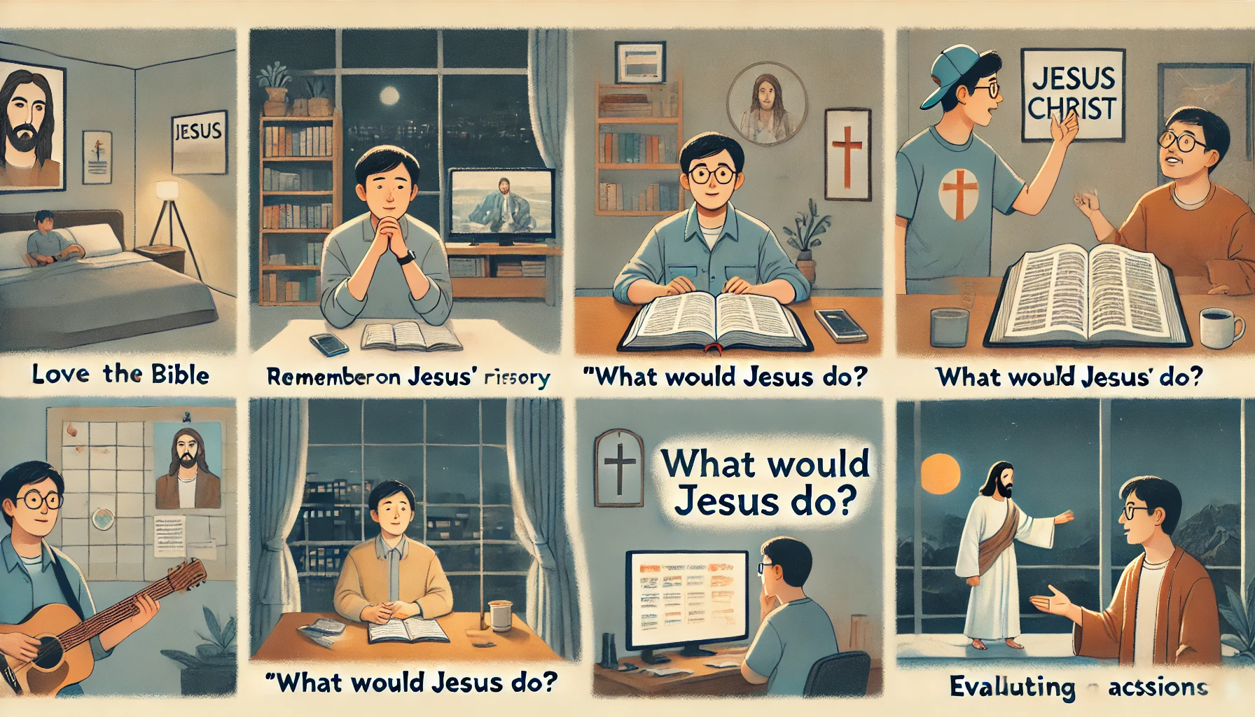 Here is the illustration showing a modern person striving to love Jesus Christ by remembering His life and ministry&amp;#44; and considering how Jesus would speak and act in their situation. The scenes include reflecting on Jesus&amp;#39; actions and words&amp;#44; applying this reflection to their own speech and behavior throughout the day&amp;#44; reading the Bible to remember Jesus&amp;#39; life&amp;#44; engaging in daily interactions with a mindset of &amp;#39;What would Jesus do?&amp;#39;&amp;#44; sharing Jesus&amp;#39; message with passion to others&amp;#44; and evaluating their actions in the evening. The environments feature a home study area&amp;#44; everyday settings like work or social interactions&amp;#44; and a quiet place for evening reflection&amp;#44; conveying thoughtful contemplation&amp;#44; devotion&amp;#44; and the desire to emulate Jesus&amp;#39; passion and message.