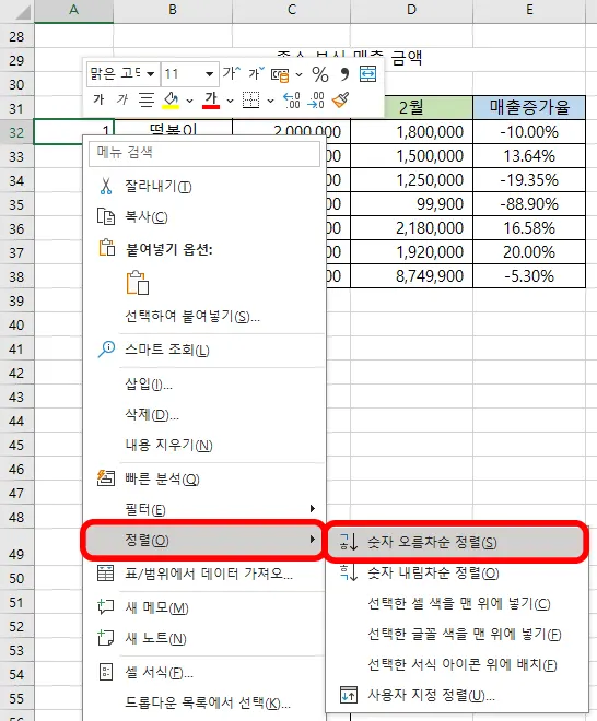 엑셀 마우스 우클릭해서 나오는 정렬-숫자 오름차순 정렬