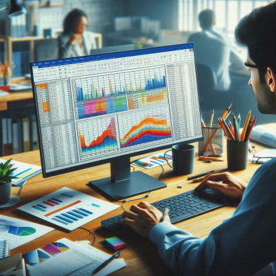데이터 분석을 위한 여러 모니터 화면이 보이는 작업 공간 이미지입니다. 다양한 그래프와 차트가 포함되어 있습니다.